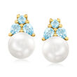 7.5-8mm Cultured Pearl and .70 ct. t.w. Sky Blue Topaz Earrings in 18kt Gold Over Sterling