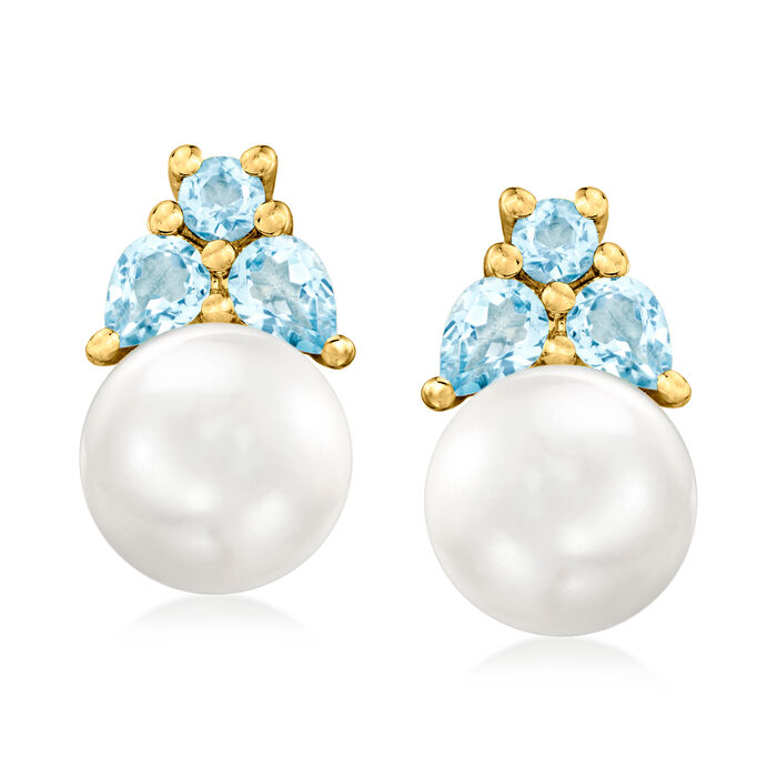 7.5-8mm Cultured Pearl and .70 ct. t.w. Sky Blue Topaz Earrings in 18kt Gold Over Sterling