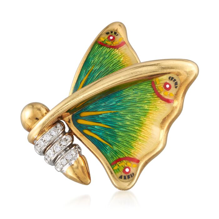 C. 1980 Vintage .20 ct. t.w. Diamond Butterfly Pin with Multicolored Enamel in 18kt Gold
