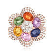C. 2000 Vintage 3.72 ct. t.w. Multicolored Sapphire and .98 ct. t.w. Diamond Flower Ring in 18kt Rose Gold
