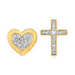 Diamond-Accented Cross and Heart Mismatched Stud Earrings in 14kt Yellow Gold