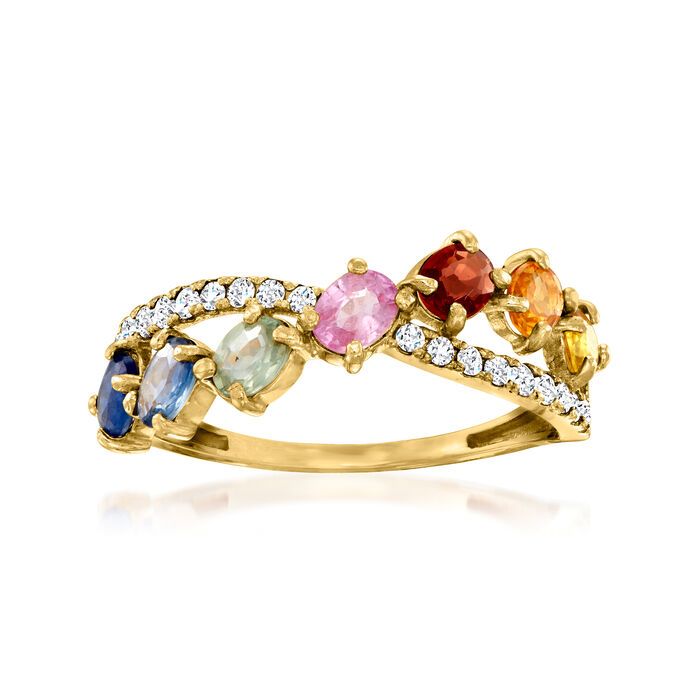 1.40 ct. t.w. Multicolored Sapphire and  .19 ct. t.w. Diamond Crisscross Ring in 14kt Yellow Gold