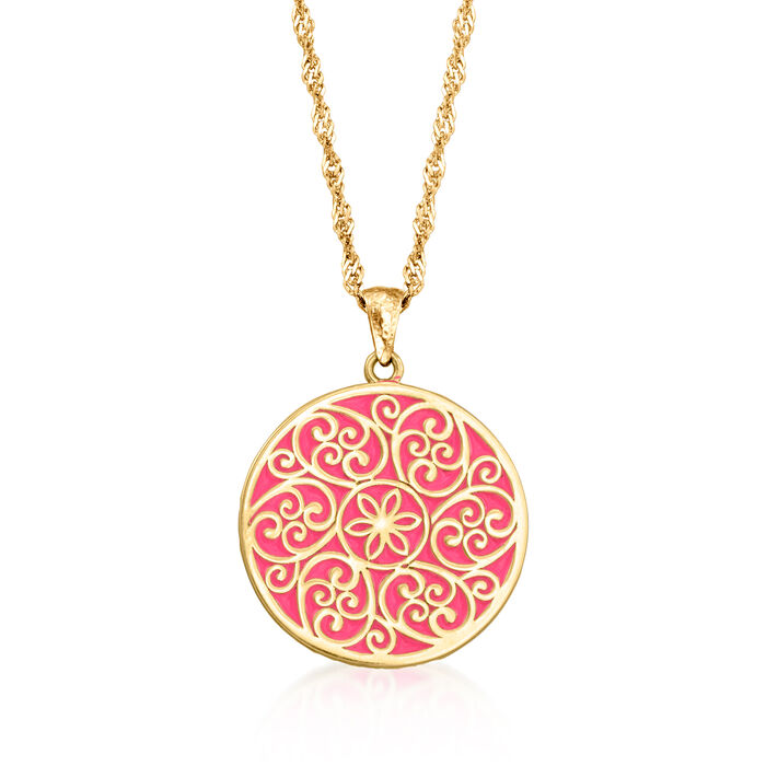 Pink Enamel Filigree Pendant Necklace in 18kt Gold Over Sterling