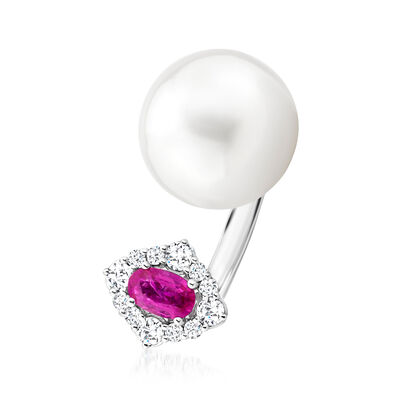13-13.5mm Cultured South Sea Pearl Open-Space Ring with .50 Carat Ruby and .33 ct. t.w. Diamonds in 18kt White Gold