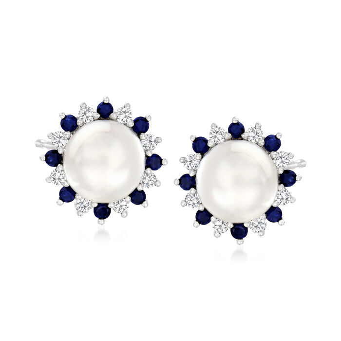 7-7.5mm Cultured Pearl Earrings with .40 ct. t.w. Sapphires and .40 ct. t.w. White Zircons in Sterling Silver