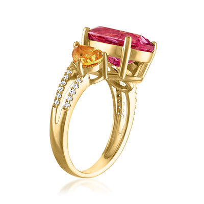 6.00 Carat Pink Topaz Ring with 1.30 ct. t.w. Citrine and .11 ct. t.w. Diamonds in 18kt Gold Over Sterling