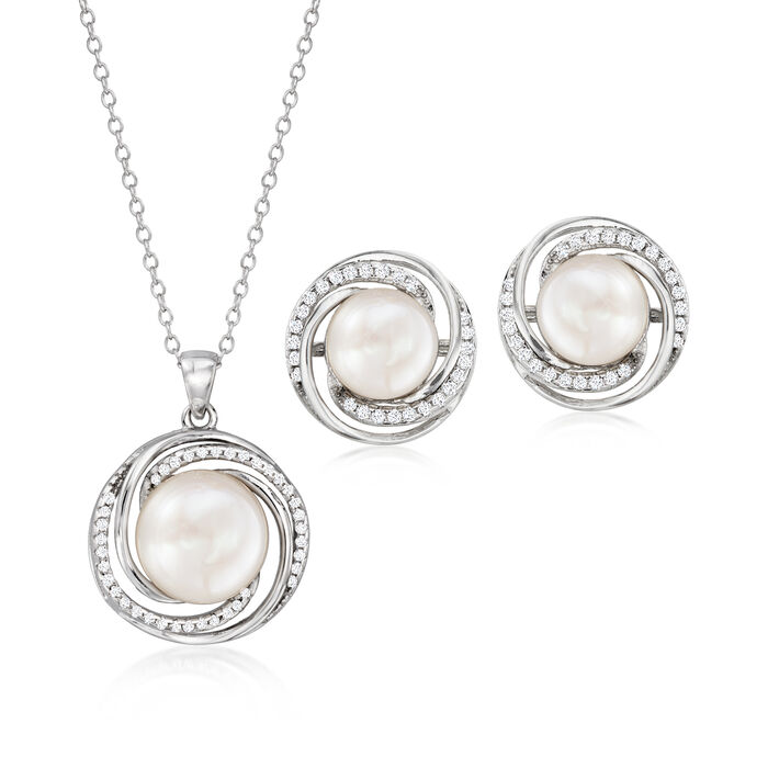 9-10mm Cultured Pearl and .50 ct. t.w. CZ Jewelry Set: Earrings and Pendant Necklace in Sterling Silver