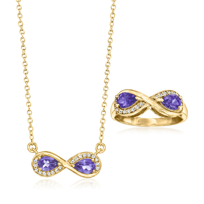 1.70 ct. t.w. Tanzanite and .10 ct. t.w. White Zircon Jewelry Set: Necklace and Ring in 18kt Gold Over Sterling