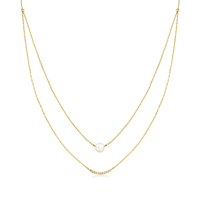 5mm Cultured Pearl and Diamond-Accented Layered Necklace in 14kt Yellow Gold