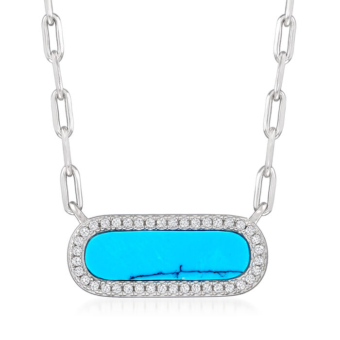 Charles Garnier Turquoise and .20 ct. t.w. CZ Paper Clip Link Necklace in Sterling Silver