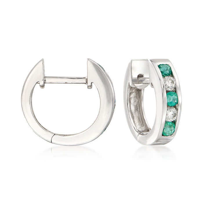 .25 ct. t.w. Emerald and .15 ct. t.w. Diamond Hoop Earrings in 14kt White Gold