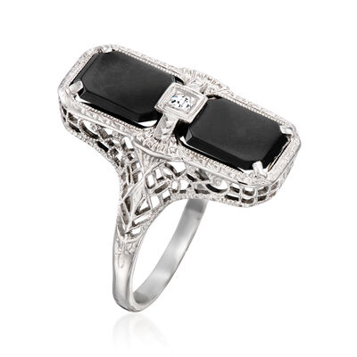 C. 1950 Vintage Onyx Filigree Ring with Diamond Accent in 14kt White Gold