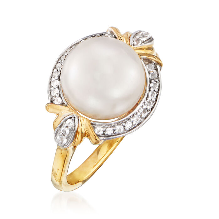 9.5-10mm Cultured Pearl and .10 ct. t.w. White Topaz Ring in 18kt Gold