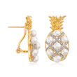 3-3.5mm Cultured Pearl and .15 ct. t.w. Diamond Pineapple Earrings in 18kt Gold Over Sterling