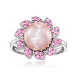 9-10mm Pink Cultured Pearl Flower Ring with .40 ct. t.w. Pink Sapphires in Sterling Silver