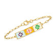 Multicolored Enamel Floral ID Paper Clip Link Bracelet in 18kt Gold Over Sterling