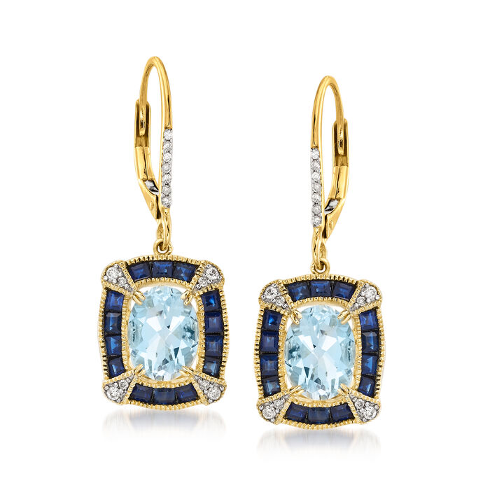2.40 ct. t.w. Aquamarine and 1.50 ct. t.w. Sapphire Drop Earrings with .11 ct. t.w. Diamonds in 14kt Yellow Gold