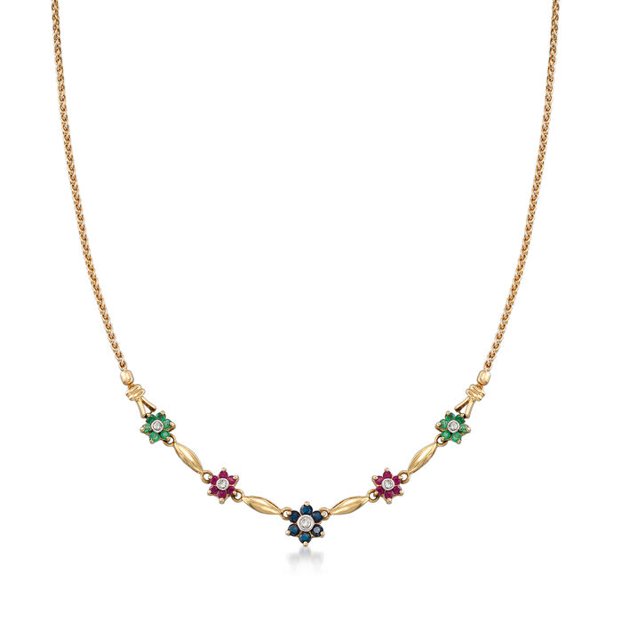 C. 1990 Vintage 1.55 ct. t.w. Multi-Gemstone and .18 ct. t.w. Diamond Flower Necklace in 14kt Yellow Gold