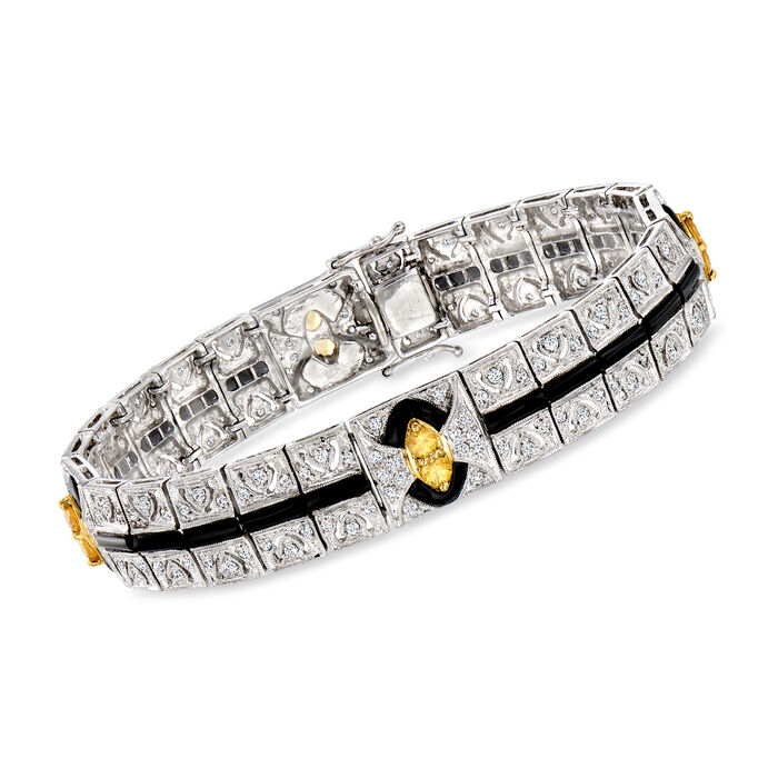 C. 1990 Vintage Onyx, 2.15 ct. t.w. Diamond and 1.20 ct. t.w. Yellow Sapphire Bracelet in 18kt White Gold