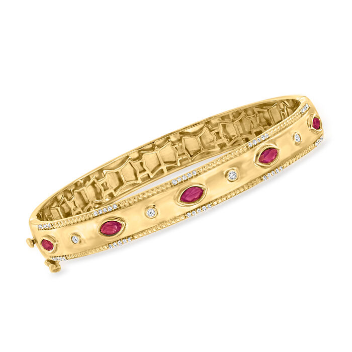 .90 ct. t.w. Ruby and .26 ct. t.w. Diamond Bangle Bracelet in 18kt Gold Over Sterling