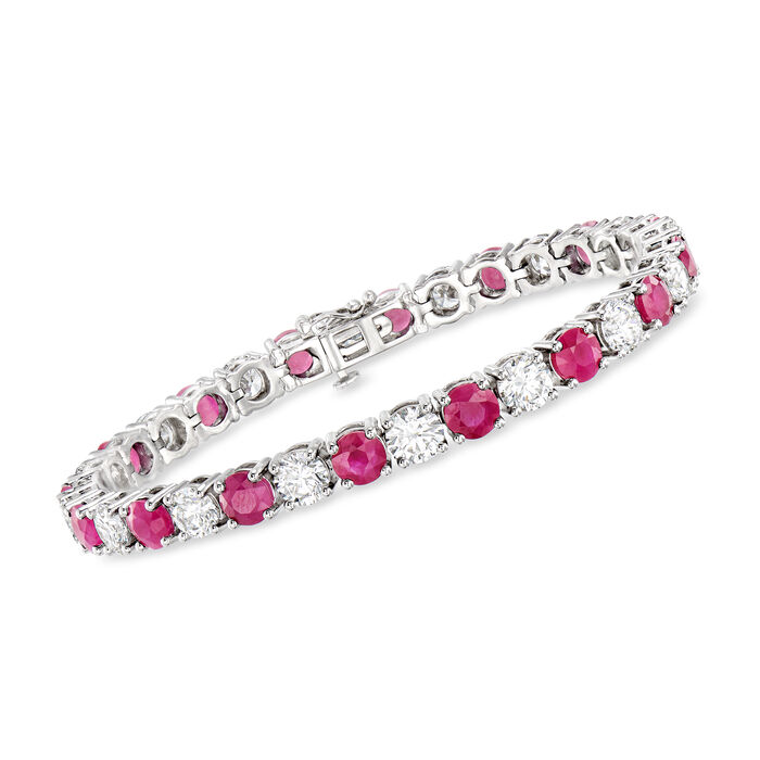 11.00 ct. t.w. Ruby and 10.00 ct. t.w. Lab-Grown Diamond Tennis Bracelet in 14kt White Gold