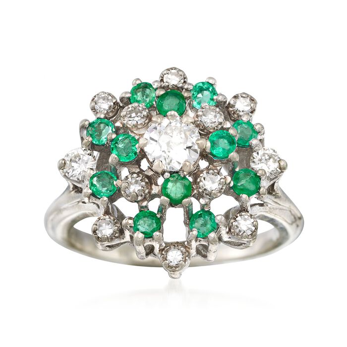 C. 1970 Vintage .70 ct. t.w. Diamond and .60 ct. t.w. Emerald Cluster Ring in 14kt White Gold