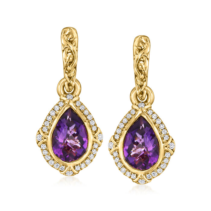 C. 1990 Vintage Charles Krypell 2.00 ct. t.w. Amethyst and .32 ct. t.w. Diamond Drop Earrings in 18kt Yellow Gold
