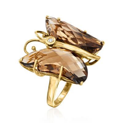 C. 2000 Vintage 10.00 Carat Smoky Quartz Butterfly Ring with Diamond Accent in 10kt Yellow Gold