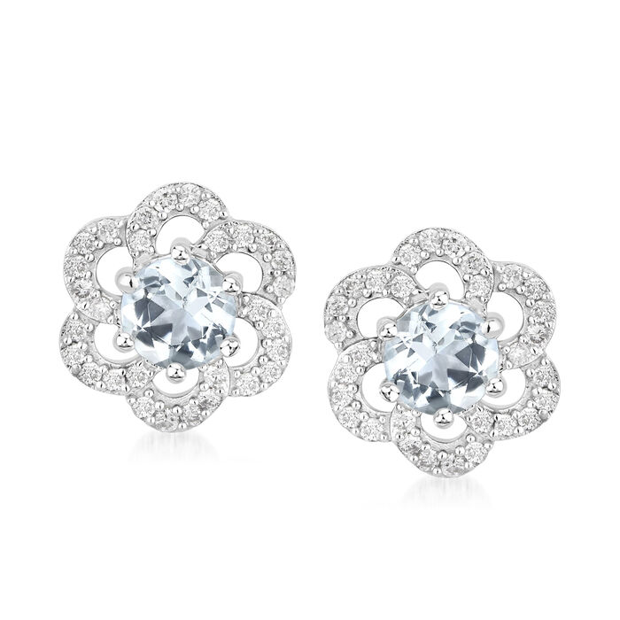 .40 ct. t.w. Aquamarine and .17 ct. t.w. Diamond Stud Earrings in 14kt White Gold
