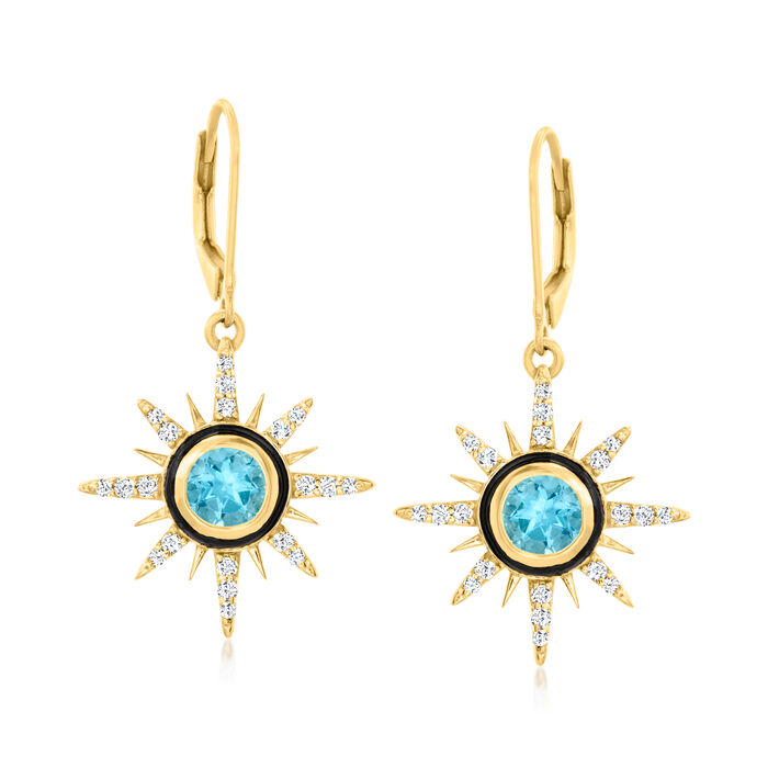 1.40 ct. t.w. Swiss Blue Topaz Celestial Drop Earrings with .80 ct. t.w. White Topaz and Black Enamel in 18kt Gold Over Sterling