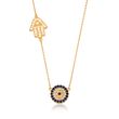 .80 ct. t.w. White Zircon and .40 ct. t.w. Multicolored Sapphire Evil Eye and Hamsa Hand Necklace in 18kt Gold Over Sterling