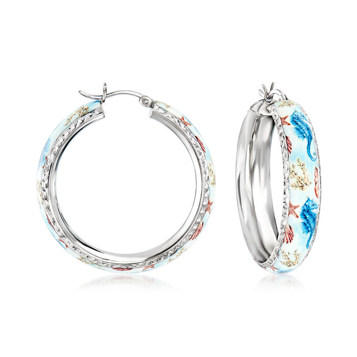Multicolored Enamel Sea Life Hoop Earrings in Sterling Silver