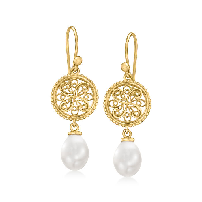 8x10mm Cultured Pearl Filigree Drop Earrings in 18kt Gold Over Sterling
