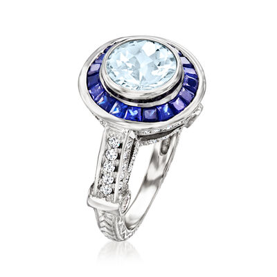 C. 1990 Vintage 1.75 Carat Aquamarine, 1.50 ct. t.w. Sapphire and .90 ct. t.w. Diamond Ring in 18kt White Gold
