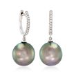 10-11mm Black Cultured Tahitian Pearl and .11 ct. t.w. Diamond Drop Earrings in 14kt White Gold