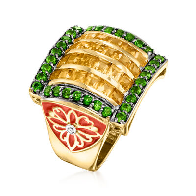1.80 ct. t.w. Citrine and .90 ct. t.w. Chrome Diopside Ring with White Zircon Accents and Red Enamel in 18kt Gold Over Sterling