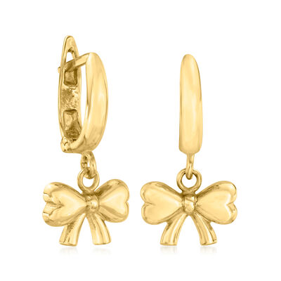 10kt Yellow Gold Bow Huggie Hoop Drop Earrings