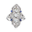 C. 1920 Vintage .75 ct. t.w. Diamond Filigree Ring with Synthetic Sapphire Accents in 18kt White Gold