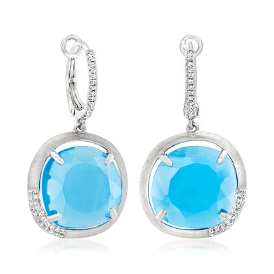 14.00 ct. t.w. Swiss Blue Topaz and .21 ct. t.w. Diamond Drop Earrings in 14kt White Gold