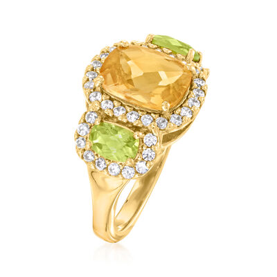2.90 Carat Citrine Ring with 1.20 ct. t.w. Peridots and .80 ct. t.w. White Zircon in 18kt Gold Over Sterling
