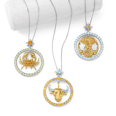 Multi-Gemstone Zodiac Pendant Necklace in Two-Tone Sterling Silver