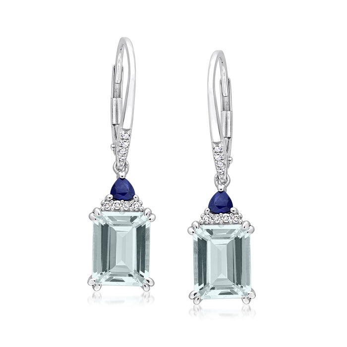 3.80 ct. t.w. Aquamarine and .30 ct. t.w. Sapphire Drop Earrings with Diamond Accents in 14kt White Gold