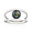 8mm Black Cultured Pearl Double Open-Circle Ring in Sterling Silver
