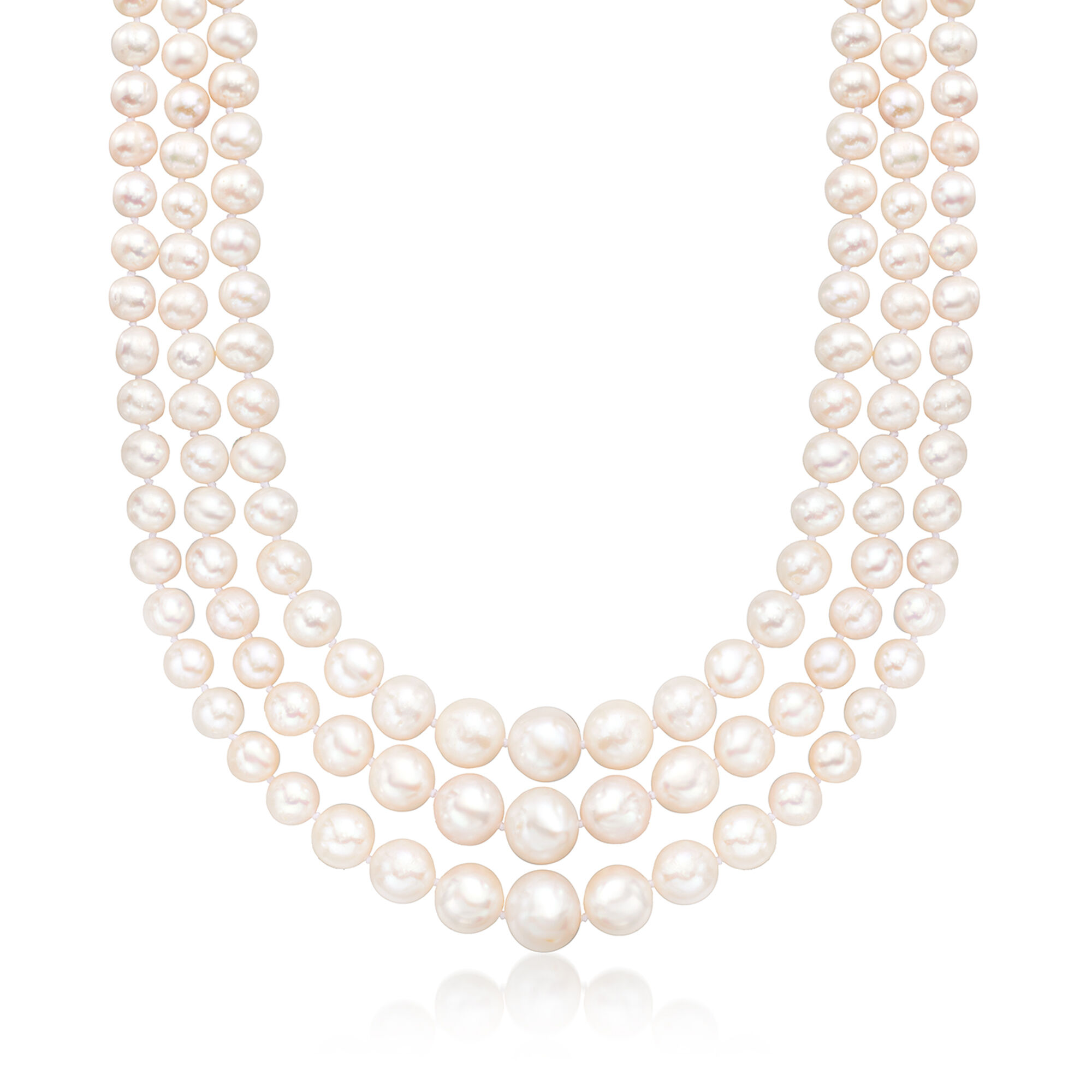 6-12.5mm Cultured Pearl Three-Strand Necklace with 14kt Yellow 