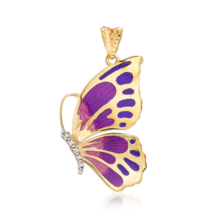 Italian Purple Enamel and CZ-Accented Butterfly Pendant in 18kt Yellow Gold