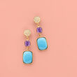 Turquoise and .70 ct. t.w. Amethyst Drop Earrings with .10 ct. t.w. Diamonds in 14kt Yellow Gold