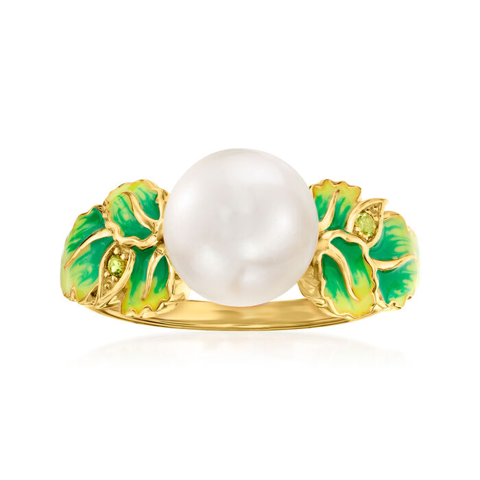 9-9.5mm Cultured Pearl and Multicolored Enamel Leaf Ring with Peridot Accents