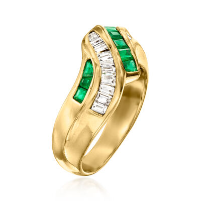 C. 1980 Vintage .69 ct. t.w. Emerald and .56 ct. t.w. Diamond Bypass Ring in 18kt Yellow Gold