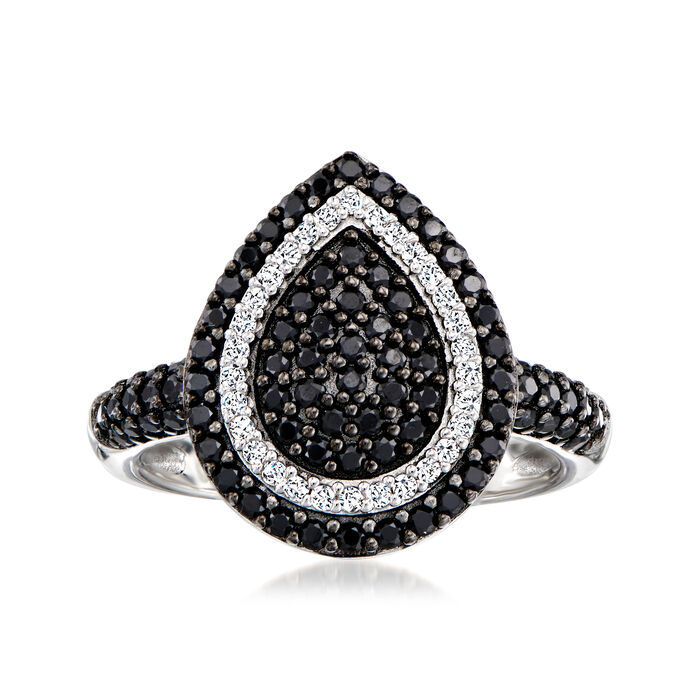 1.60 ct. t.w. Black Spinel and .60 ct. t.w. White Zircon Teardrop Ring in Sterling Silver