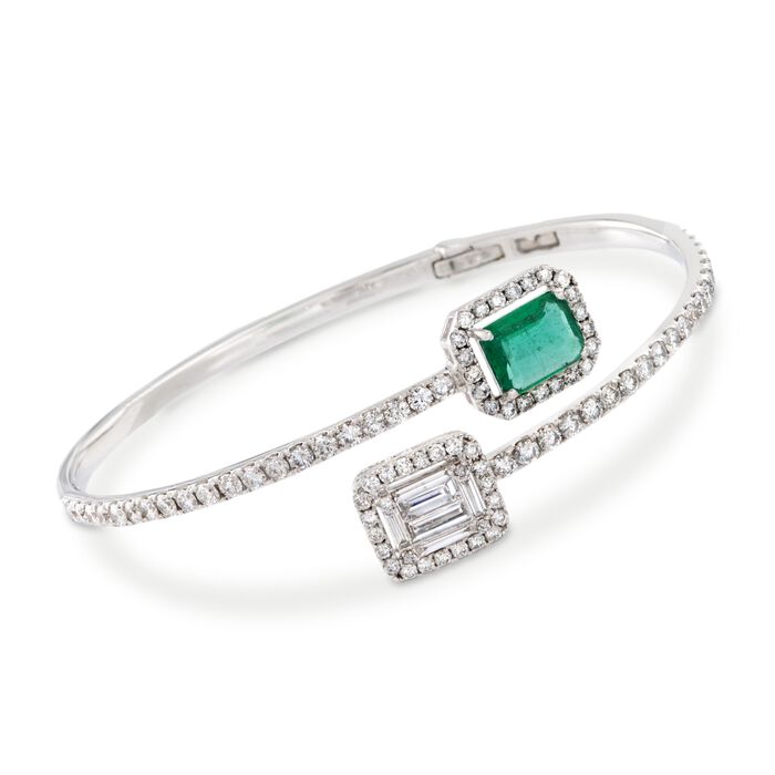 2.00 ct. t.w. Diamond and 1.00 ct. t.w. Emerald Bypass Cuff Bracelet in 18kt White Gold